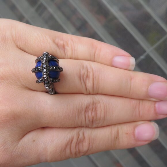 Stephen Webster "Verne" Bone Lapis Black Diamond 18k Gold Ring - Picture 15 of 17